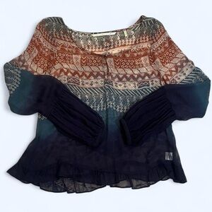 Medium 100% Silk Twelfth Street Cynthia Vincent Blue Orange Long Sleeve Blouse